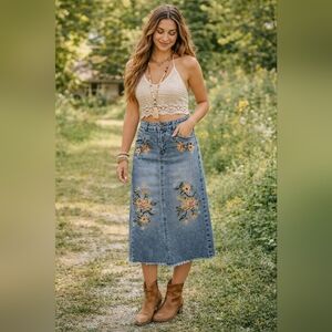 Truce Embroidered Denim Midi Skirt Floral Sequin Raw Hem Fits Size 2
